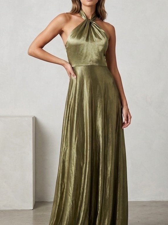 Birdy Grey Olive One-Shoulder Satin Halter Maxi Dress
